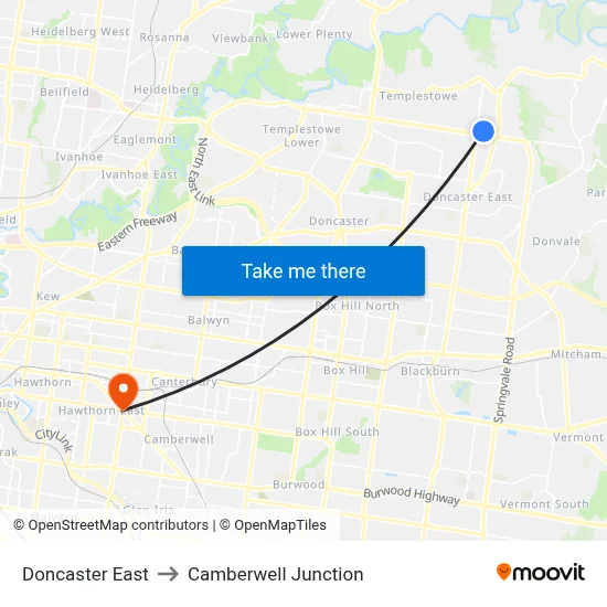 Doncaster East to Camberwell Junction map