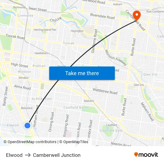 Elwood to Camberwell Junction map