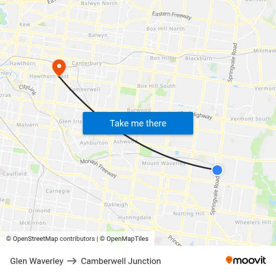 Glen Waverley to Camberwell Junction map