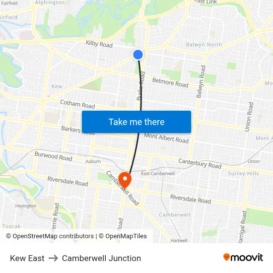 Kew East to Camberwell Junction map