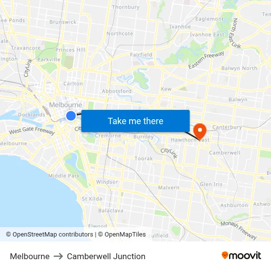 Melbourne to Camberwell Junction map