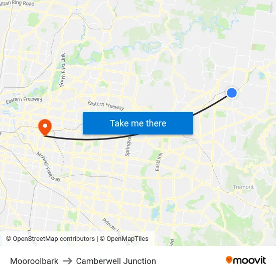 Mooroolbark to Camberwell Junction map