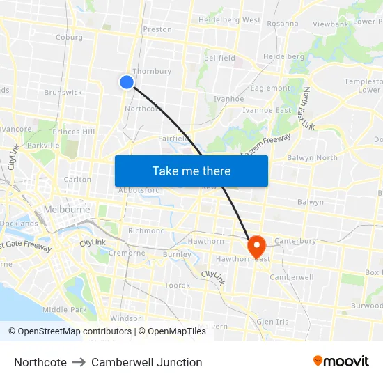 Northcote to Camberwell Junction map