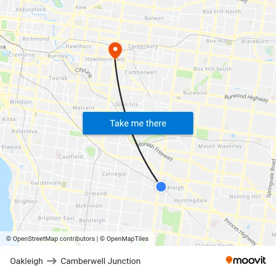 Oakleigh to Camberwell Junction map