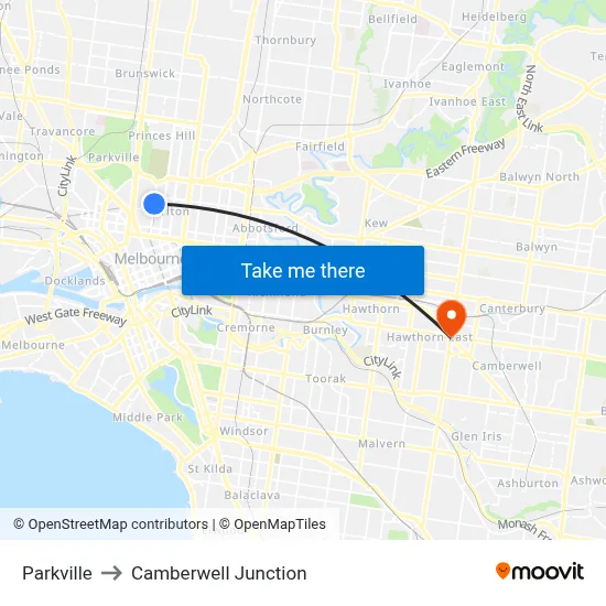 Parkville to Camberwell Junction map