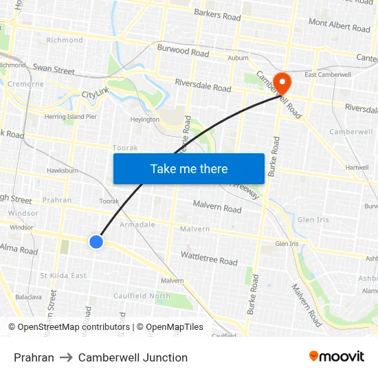 Prahran to Camberwell Junction map