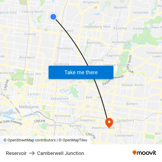 Reservoir to Camberwell Junction map