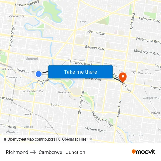 Richmond to Camberwell Junction map