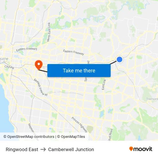 Ringwood East to Camberwell Junction map