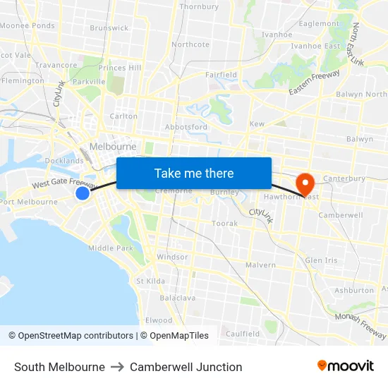 South Melbourne to Camberwell Junction map