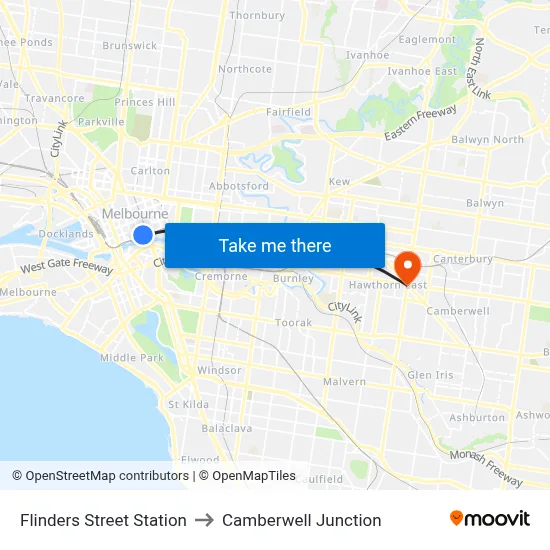 Flinders Street Station to Camberwell Junction map