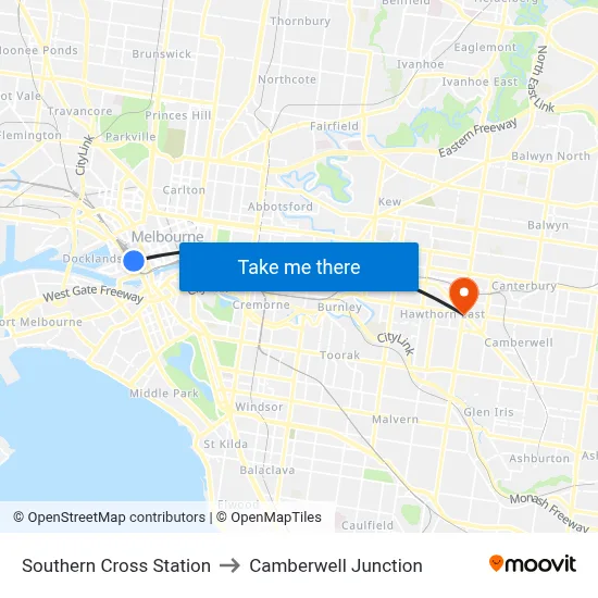 Southern Cross Station to Camberwell Junction map