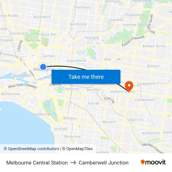 Melbourne Central Station to Camberwell Junction map