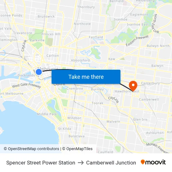 Spencer Street Power Station to Camberwell Junction map