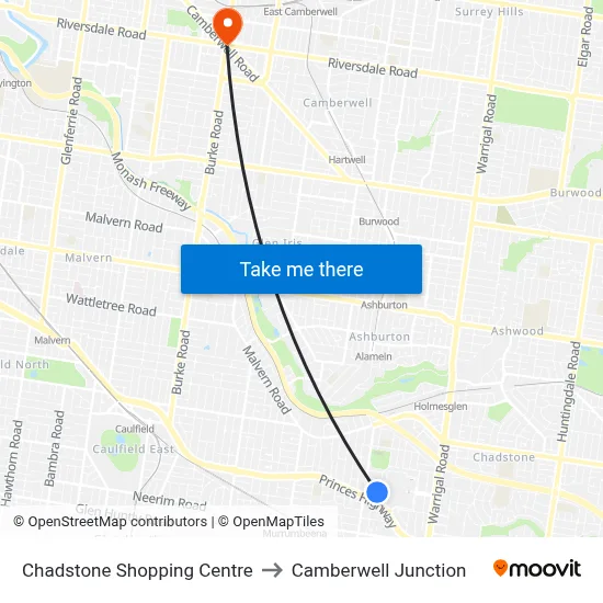 Chadstone Shopping Centre to Camberwell Junction map