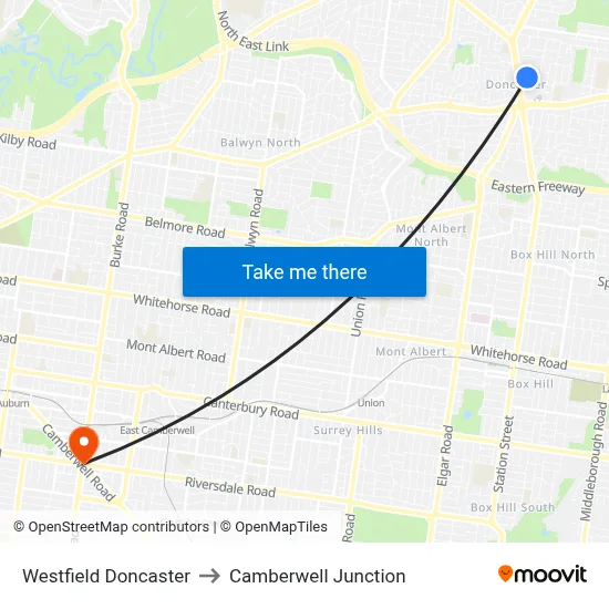 Westfield Doncaster to Camberwell Junction map