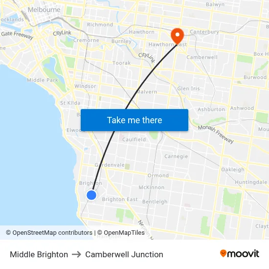 Middle Brighton to Camberwell Junction map