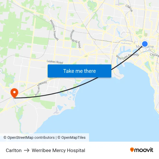 Carlton to Werribee Mercy Hospital map