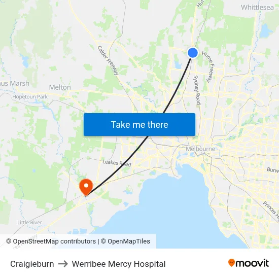 Craigieburn to Werribee Mercy Hospital map