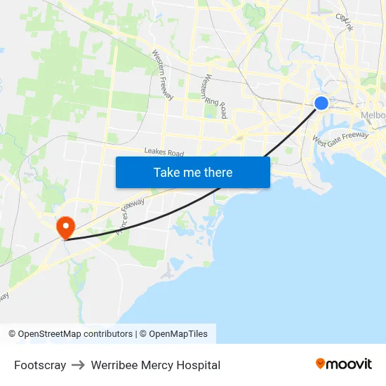 Footscray to Werribee Mercy Hospital map
