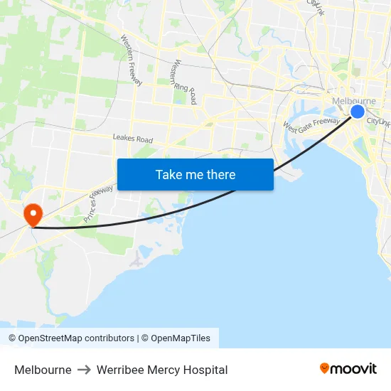 Melbourne to Werribee Mercy Hospital map