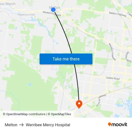Melton to Werribee Mercy Hospital map
