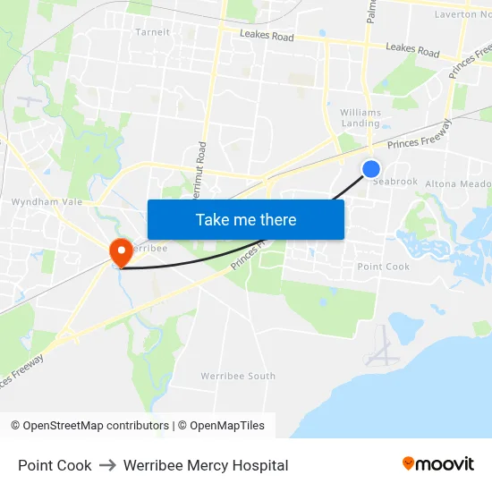 Point Cook to Werribee Mercy Hospital map