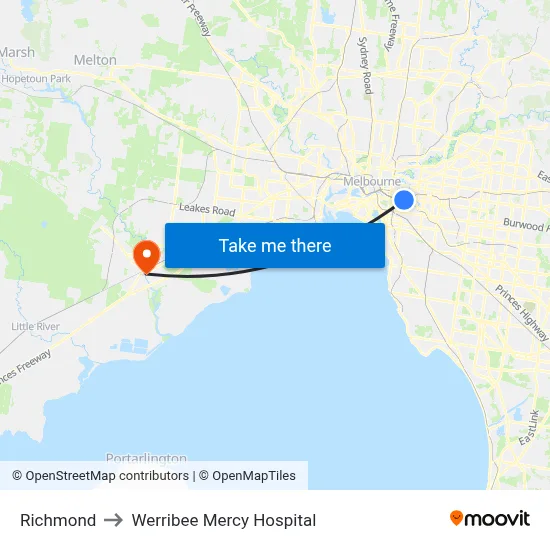 Richmond to Werribee Mercy Hospital map
