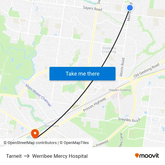 Tarneit to Werribee Mercy Hospital map