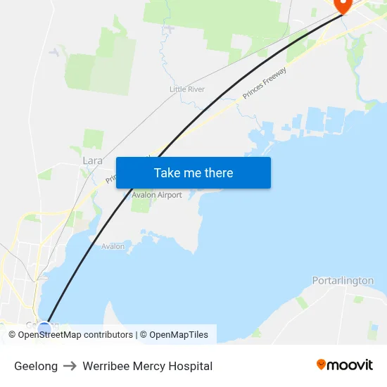 Geelong to Werribee Mercy Hospital map
