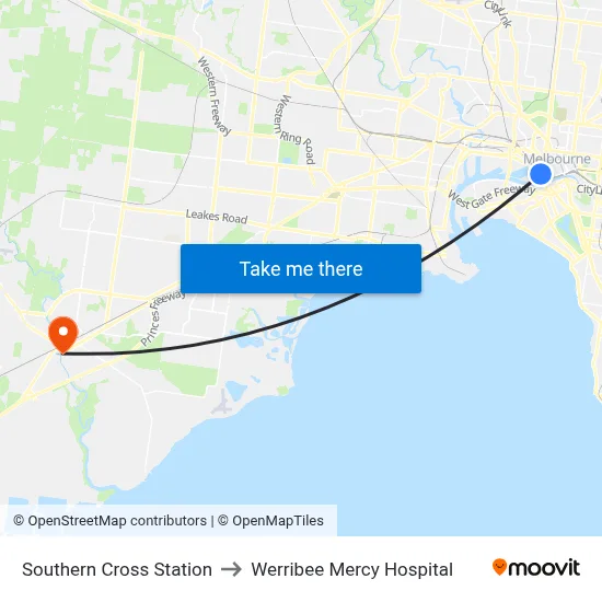 Southern Cross Station to Werribee Mercy Hospital map