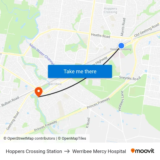 Hoppers Crossing Station to Werribee Mercy Hospital map