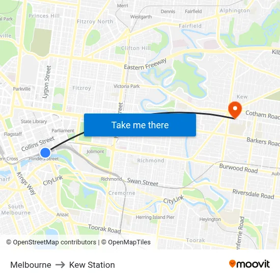 Melbourne to Kew Station map