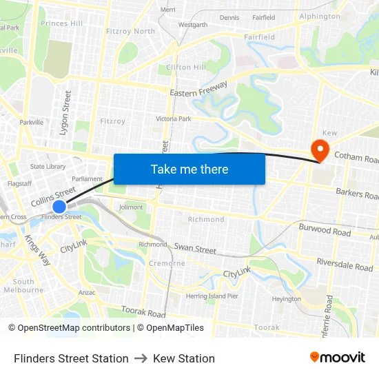 Flinders Street Station to Kew Station map