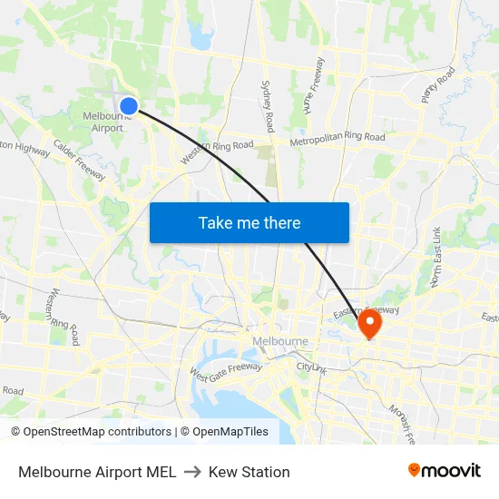 Melbourne Airport MEL to Kew Station map