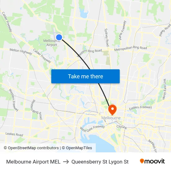 Melbourne Airport MEL to Queensberry St Lygon St map