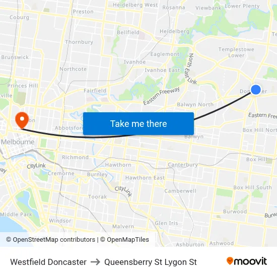 Westfield Doncaster to Queensberry St Lygon St map