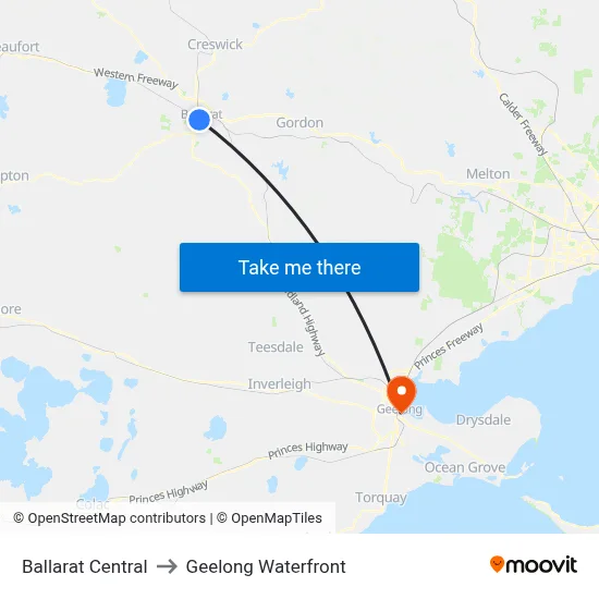 Ballarat Central to Geelong Waterfront map