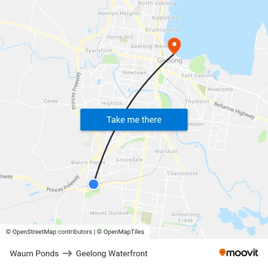 Waurn Ponds to Geelong Waterfront map