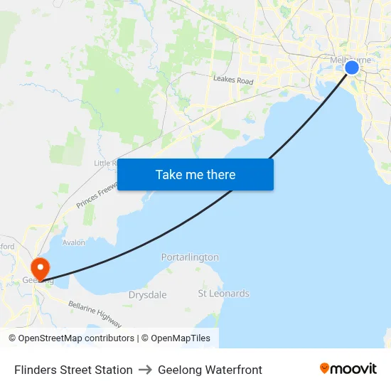 Flinders Street Station to Geelong Waterfront map