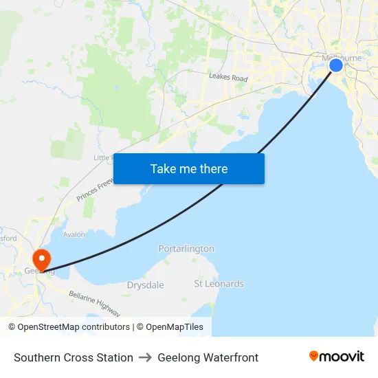 Southern Cross Station to Geelong Waterfront map