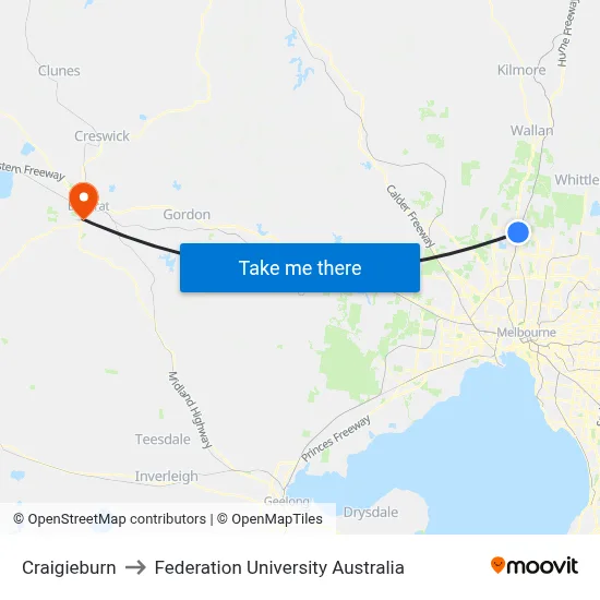 Craigieburn to Federation University Australia map