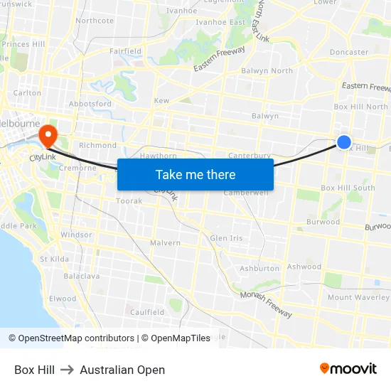 Box Hill to Australian Open map
