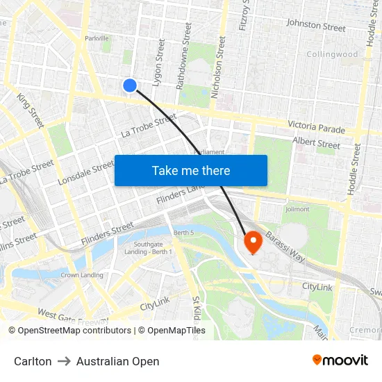 Carlton to Australian Open map