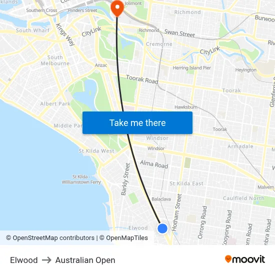 Elwood to Australian Open map