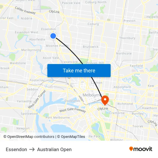 Essendon to Australian Open map