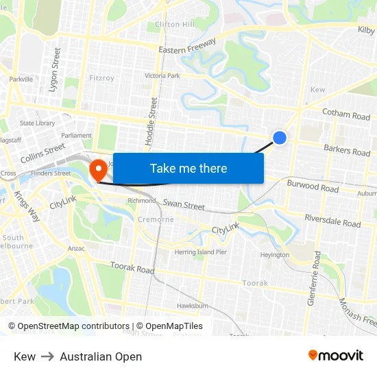 Kew to Australian Open map