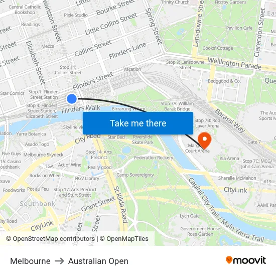 Melbourne to Australian Open map