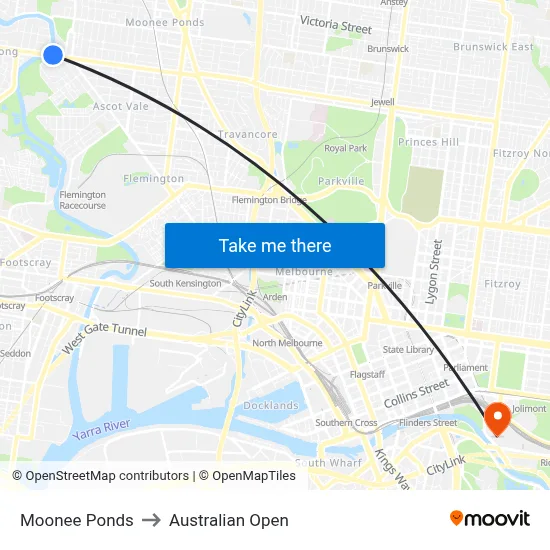 Moonee Ponds to Australian Open map