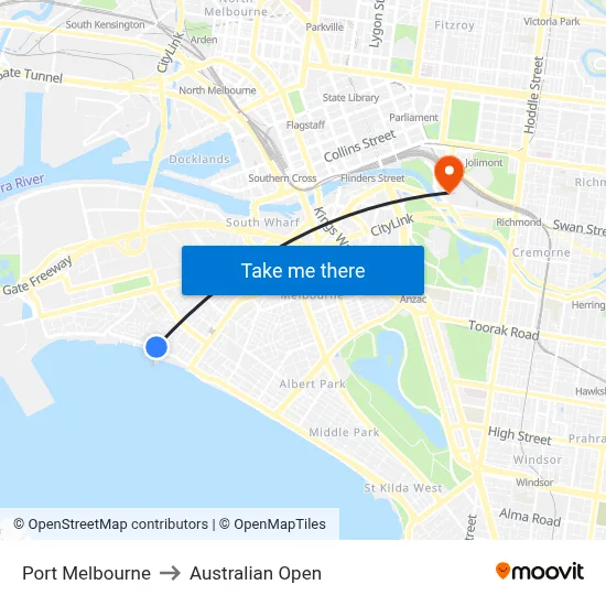 Port Melbourne to Australian Open map